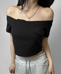 【3COLOR/カップ付き】フェイクポケットオフショルダートップス