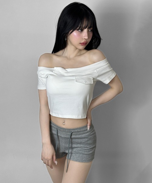 FOLLOWIN（フォロウィン）の「【3COLOR/カップ付き】フェイクポケットオフショルダートップス（Tシャツ/カットソー・レディース・ホワイト/ブラック/グレー・FREE）」の12枚目の写真
