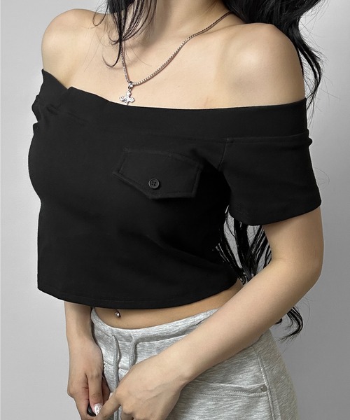 FOLLOWIN（フォロウィン）の「【3COLOR/カップ付き】フェイクポケットオフショルダートップス（Tシャツ/カットソー・レディース・ホワイト/ブラック/グレー・FREE）」の13枚目の写真