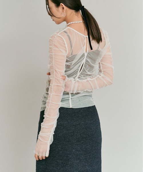 W:Huku(フーク)の「シャーリング シアー トップス / 2Way Shirred Sheer Top(Tシャツ/カットソー・レディース・グレー/アイボリー・FREE)」の21枚目の写真
