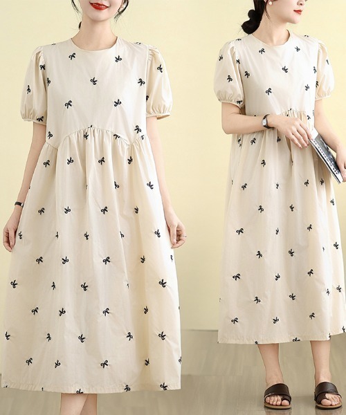 AMAJI(アマジ)の「リボン柄 エンブロイダリー パフスリーブワンピース(ワンピース・レディース・ベージュ・LARGE/MEDIUM/X-LARGE)」の2枚目の写真