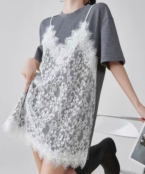 レース切替 Tシャツワンピース レイヤードワンピース 半袖ワンピース