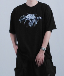 JUSTHANG（ジャストハング）の「ブルドッグ&ビッグロゴ (Bi-Balance) ブラックオーバーサイズ半袖（Tシャツ/カットソー）」