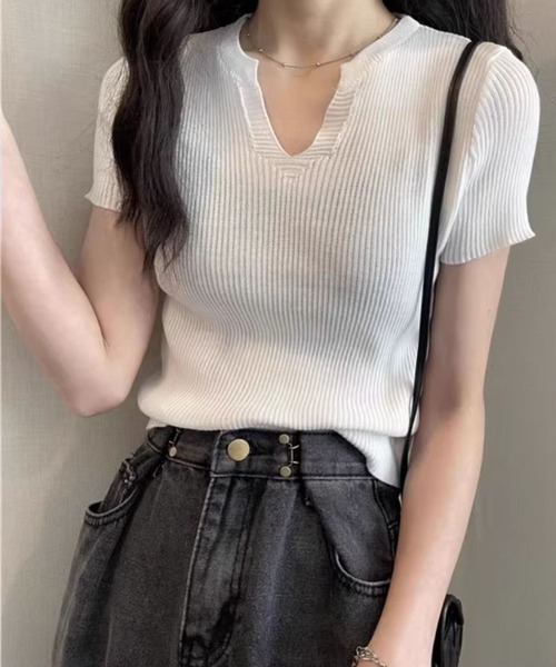 GLAMOROUS JANE(グラマラスジェーン)の「キーネック半袖ニットトップス(ニット/セーター・レディース・ブラック/ホワイト/グレー・FREE)」の8枚目の写真