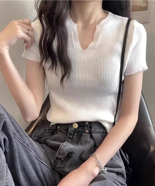 GLAMOROUS JANE(グラマラスジェーン)の「キーネック半袖ニットトップス(ニット/セーター・レディース・ブラック/ホワイト/グレー・FREE)」の9枚目の写真