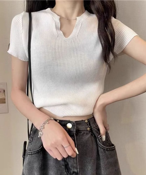 GLAMOROUS JANE(グラマラスジェーン)の「キーネック半袖ニットトップス(ニット/セーター・レディース・ブラック/ホワイト/グレー・FREE)」の11枚目の写真