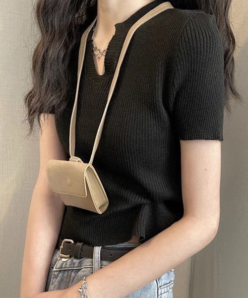 GLAMOROUS JANE(グラマラスジェーン)の「キーネック半袖ニットトップス(ニット/セーター・レディース・ブラック/ホワイト/グレー・FREE)」の13枚目の写真