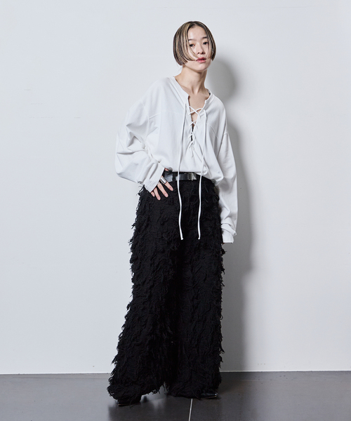 CITYSHOP（シティーショップ）の「《追加2》[THE MOOD]レースアップロングTシャツ（Tシャツ/カットソー・レディース・ホワイト/ブラック・FREE）」の5枚目の写真