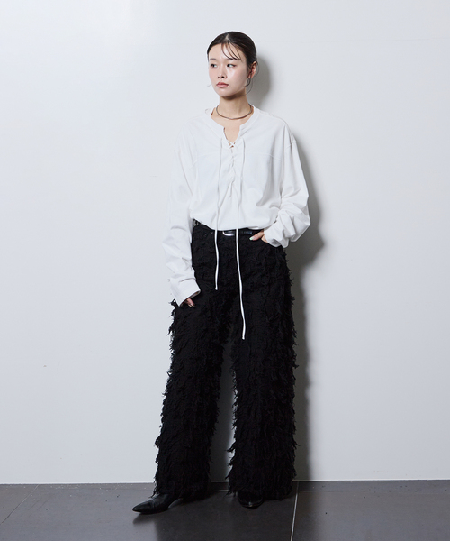CITYSHOP（シティーショップ）の「《追加2》[THE MOOD]レースアップロングTシャツ（Tシャツ/カットソー・レディース・ホワイト/ブラック・FREE）」の7枚目の写真