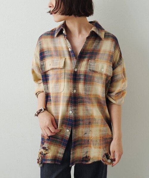 Whim Gazette(ウィムガゼット)の「ダメージチェックシャツ(シャツ/ブラウス・レディース・ブラック/ベージュ/イエロー・FREE)」の21枚目の写真
