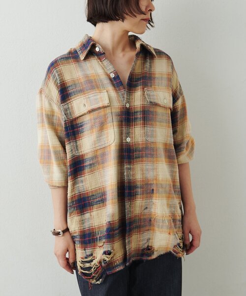 Whim Gazette(ウィムガゼット)の「ダメージチェックシャツ(シャツ/ブラウス・レディース・ブラック/ベージュ/イエロー・FREE)」の17枚目の写真