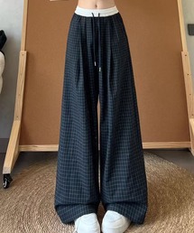 配色ウエスト細チェック紐付きワイドカジュアルパンツ
