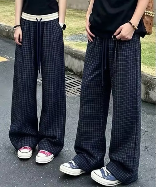 AsheKsha(アシクシャ)の「配色ウエスト細チェック紐付きワイドカジュアルパンツ(スウェットパンツ・レディース・ネイビー・S/M)」の19枚目の写真