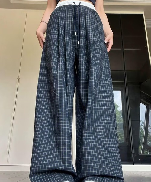 AsheKsha(アシクシャ)の「配色ウエスト細チェック紐付きワイドカジュアルパンツ(スウェットパンツ・レディース・ネイビー・S/M)」の3枚目の写真