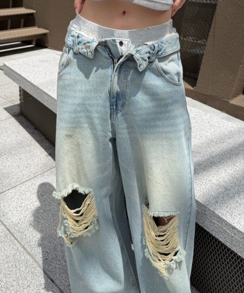 RAY CASSIN（レイカズン）の「【S・Mサイズ展開 】ダメージ折り返しワイドデニムパンツ（デニムパンツ・レディース・スカイブルー/ブルー系その他2/ベージュ・S/M）」の7枚目の写真