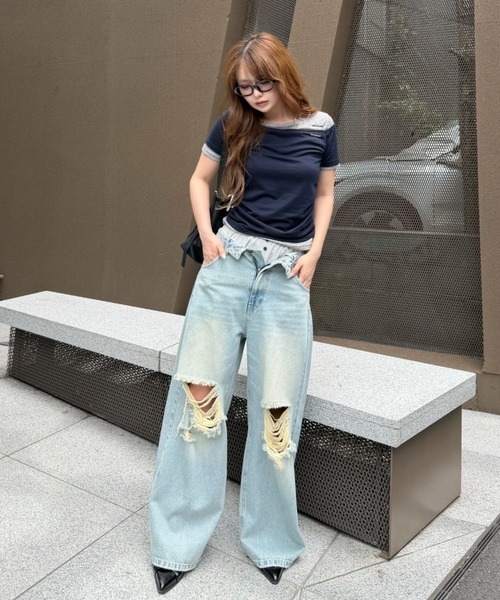 RAY CASSIN（レイカズン）の「【S・Mサイズ展開 】ダメージ折り返しワイドデニムパンツ（デニムパンツ・レディース・スカイブルー/ブルー系その他2/ベージュ・S/M）」の9枚目の写真