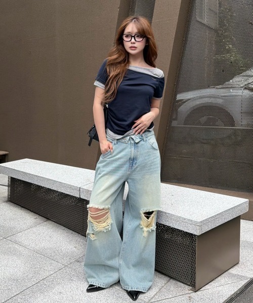 RAY CASSIN（レイカズン）の「【S・Mサイズ展開 】ダメージ折り返しワイドデニムパンツ（デニムパンツ・レディース・スカイブルー/ブルー系その他2/ベージュ・S/M）」の10枚目の写真