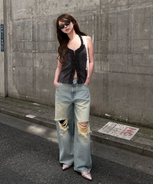 RAY CASSIN（レイカズン）の「【S・Mサイズ展開 】ダメージ折り返しワイドデニムパンツ（デニムパンツ・レディース・スカイブルー/ブルー系その他2/ベージュ・S/M）」の12枚目の写真