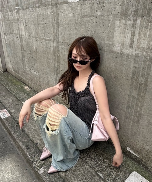 RAY CASSIN（レイカズン）の「【S・Mサイズ展開 】ダメージ折り返しワイドデニムパンツ（デニムパンツ・レディース・スカイブルー/ブルー系その他2/ベージュ・S/M）」の14枚目の写真