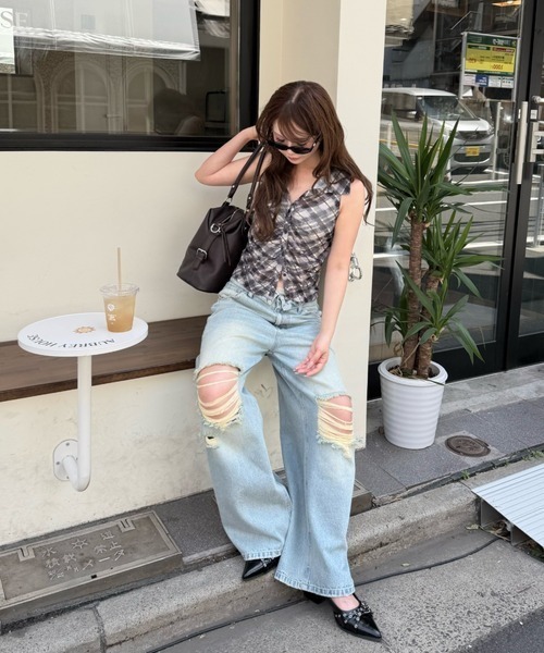 RAY CASSIN（レイカズン）の「【S・Mサイズ展開 】ダメージ折り返しワイドデニムパンツ（デニムパンツ・レディース・スカイブルー/ブルー系その他2/ベージュ・S/M）」の19枚目の写真