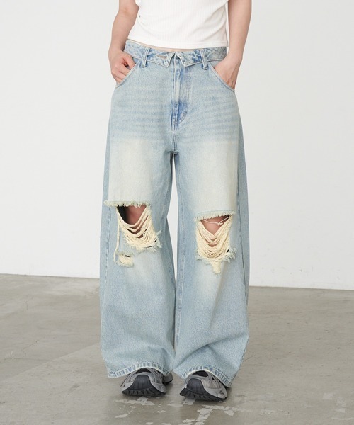 RAY CASSIN（レイカズン）の「【S・Mサイズ展開 】ダメージ折り返しワイドデニムパンツ（デニムパンツ・レディース・スカイブルー/ブルー系その他2/ベージュ・S/M）」の20枚目の写真