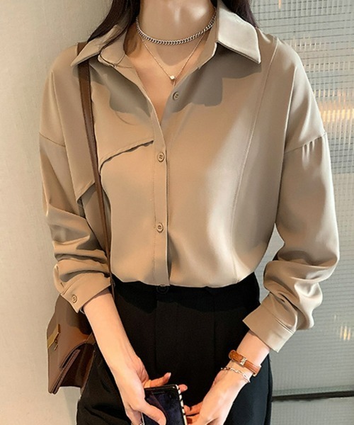 SEU（エスイーユー）の「【きちんとしたい日に、迷わず選べる】 ゆるシルエット 長袖シャツブラウス ゆったり 【オフィスカジュアル】【きれいめカジュアル】 レディース韓国風 春服 秋服 冬服（シャツ/ブラウス・レディース・ホワイト/チャコール/ベージュ・フリー）」の3枚目の写真
