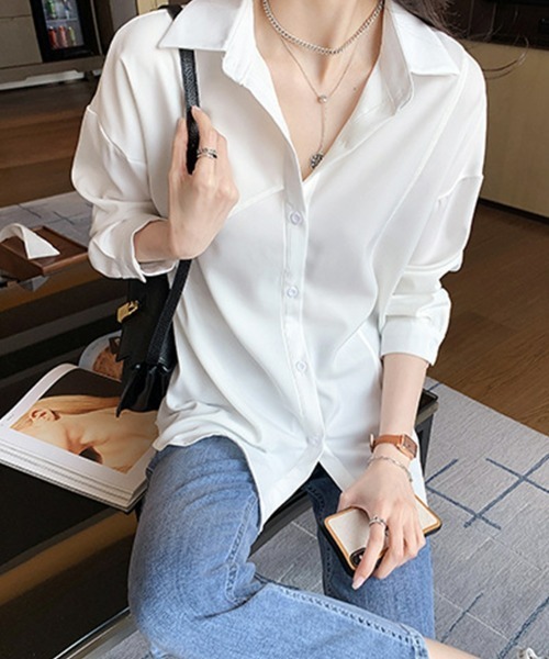 SEU（エスイーユー）の「【きちんとしたい日に、迷わず選べる】 ゆるシルエット 長袖シャツブラウス ゆったり 【オフィスカジュアル】【きれいめカジュアル】 レディース韓国風 春服 秋服 冬服（シャツ/ブラウス・レディース・ホワイト/チャコール/ベージュ・フリー）」の5枚目の写真