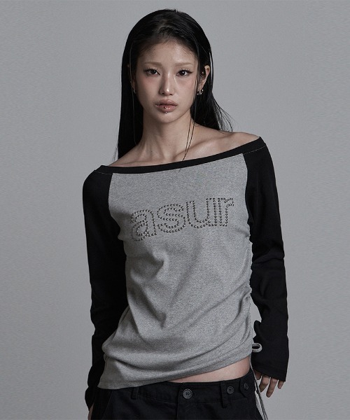 as you are(アズユーアー)の「◇ASYOUARE◇ブランド直輸入正規品/AU ボートネック シャーリング ロングスリーブ AU BOAT NECK SHIRRING LONG SLEEVE(Tシャツ/カットソー・レディース・ホワイト/グレー・FREE)」の2枚目の写真