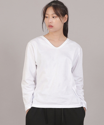 ミニマル16sコットンVネック長袖TシャツMMV-8A15ホワイト