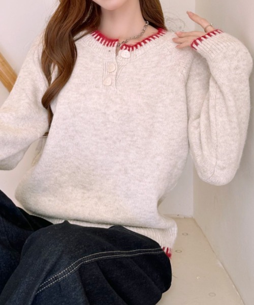 Ada.(エイダ)の「配色ステッチ ヘンリーネック ニット プルオーバー(ニット/セーター・レディース・ブラウン/グレー/アイボリー・FREE)」の14枚目の写真