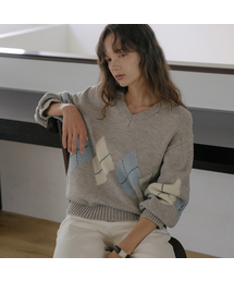 Wool blended argyle v-neck knit [TIFA06SW05]_Light gray