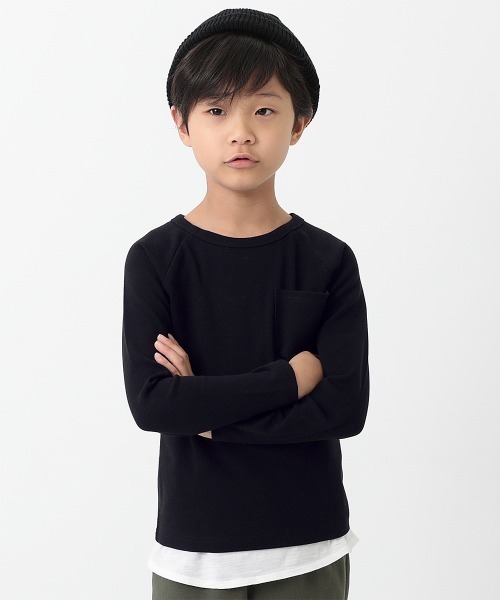 devirock(デビロック)の「厚手ポケット付長袖Tシャツ(Tシャツ/カットソー・キッズ・オフホワイト/ブラック/ヘザーチャコール/ネイビー/カーキ/ラベンダー/スモークピンク/モカ/ライトブラウン/キャメル/パープル系その他/ブルーグレー・80cm/90cm/100cm/110cm/120cm/130cm/140cm/150cm/160cm)」の3枚目の写真