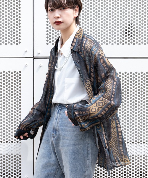 kutir(クティール)の「シアー柄シャツ(シャツ/ブラウス・レディース・ベージュ/ダークブルー/オレンジ・FREE)」の9枚目の写真