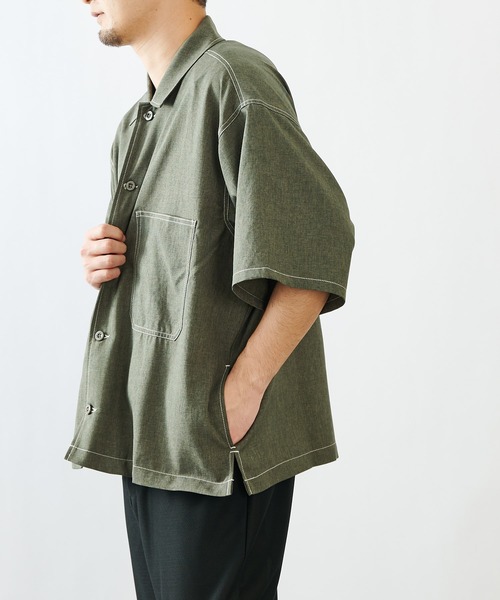 COLONY 2139（コロニートゥーワンスリーナイン）の「ポリトロステッチ配色ポケットBIG半袖シャツ/オーバーサイズ半袖シャツ(セットアップ可)（シャツ/ブラウス・メンズ・グレー/ブラック/カーキ・MEDIUM/LARGE）」の12枚目の写真