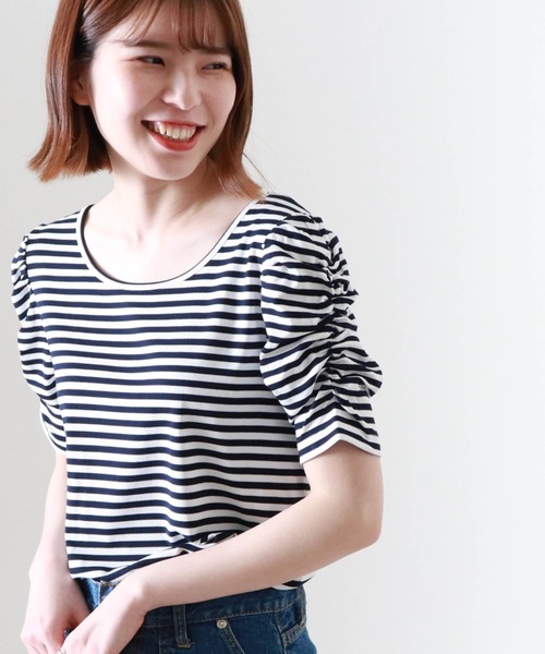 Cheek(チーク)の「パワショルボーダー半袖TOPS(Tシャツ/カットソー・レディース・ブラウン/ブラック×ホワイト/ネイビー×ホワイト・MEDIUM)」の2枚目の写真