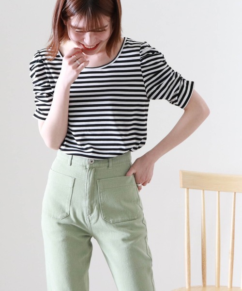 Cheek(チーク)の「パワショルボーダー半袖TOPS(Tシャツ/カットソー・レディース・ブラウン/ブラック×ホワイト/ネイビー×ホワイト・MEDIUM)」の1枚目の写真