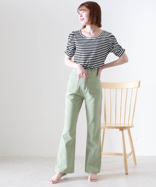 Cheek(チーク)の「パワショルボーダー半袖TOPS(Tシャツ/カットソー・レディース・ブラウン/ブラック×ホワイト/ネイビー×ホワイト・MEDIUM)」の4枚目の写真