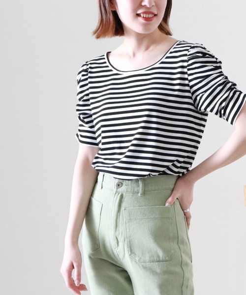Cheek(チーク)の「パワショルボーダー半袖TOPS(Tシャツ/カットソー・レディース・ブラウン/ブラック×ホワイト/ネイビー×ホワイト・MEDIUM)」の12枚目の写真