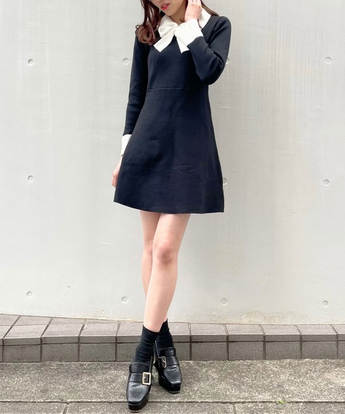 titty＆Co. PETIT（ティティアンドコープティ）の「【titty&Co.PETIT】バイカラーリボンニットワンピース（ワンピース・レディース・ブラック・FREE）」の4枚目の写真