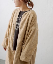 PUAL CE CIN | ノーカラーパイピングボアコート(ノーカラーコート)