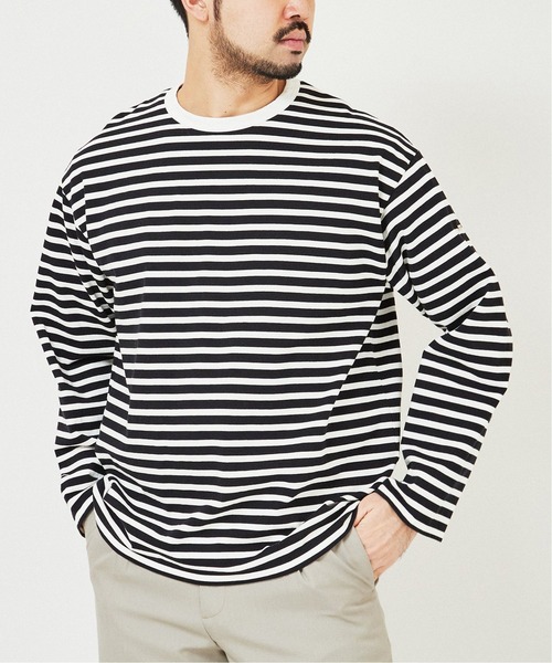 EDIFICE（エディフィス）の「オーバーサイズ ロングスリーブ ボーダー Tシャツ（Tシャツ/カットソー・メンズ・ベージュ/ネイビー/ブラック・LARGE/MEDIUM）」の4枚目の写真