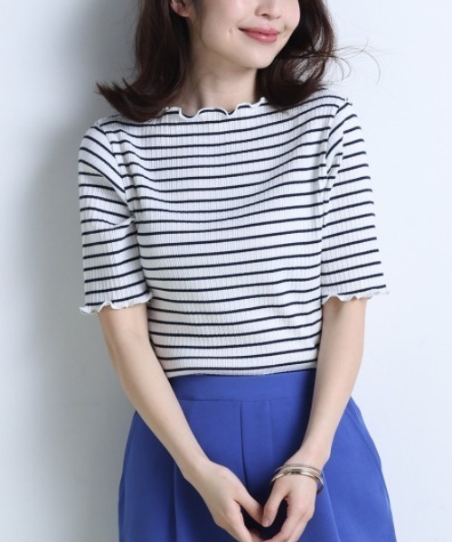 RANAN（ラナン）の「メローフリル5分袖リブカットソー（Tシャツ/カットソー・レディース・その他/オフホワイト/ブラック/杢グレー・M/L/LL）」の4枚目の写真