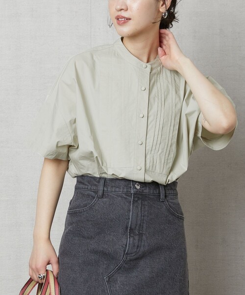 FREAK'S STORE（フリークスストア）の「【WEB限定】ハーフスリーブピンタックシャツ(スタンドカラーシャツ)（シャツ/ブラウス・レディース・ブラック/ベージュ/ホワイト/ライトピンク/サックスブルー・ﾌﾘ-）」の4枚目の写真