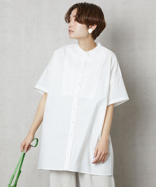 FREAK'S STORE（フリークスストア）の「【WEB限定】ハーフスリーブピンタックシャツ(スタンドカラーシャツ)（シャツ/ブラウス・レディース・ブラック/ベージュ/ホワイト/ライトピンク/サックスブルー・ﾌﾘ-）」の2枚目の写真