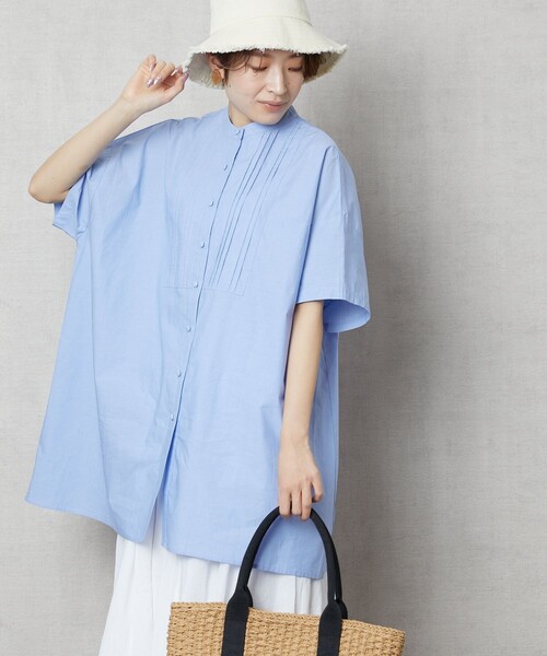 FREAK'S STORE（フリークスストア）の「【WEB限定】ハーフスリーブピンタックシャツ(スタンドカラーシャツ)（シャツ/ブラウス・レディース・ブラック/ベージュ/ホワイト/ライトピンク/サックスブルー・ﾌﾘ-）」の5枚目の写真