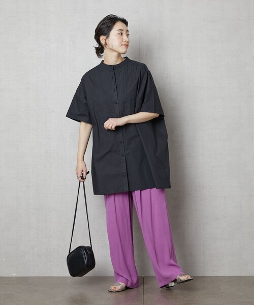 FREAK'S STORE（フリークスストア）の「【WEB限定】ハーフスリーブピンタックシャツ(スタンドカラーシャツ)（シャツ/ブラウス・レディース・ブラック/ベージュ/ホワイト/ライトピンク/サックスブルー・ﾌﾘ-）」の6枚目の写真