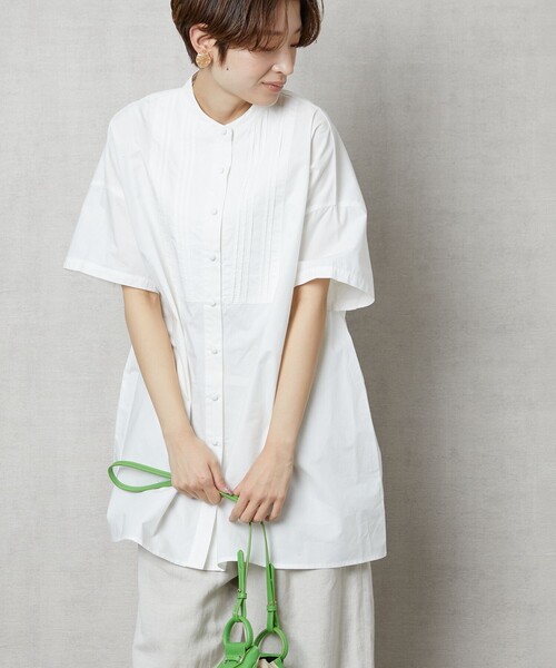 FREAK'S STORE（フリークスストア）の「【WEB限定】ハーフスリーブピンタックシャツ(スタンドカラーシャツ)（シャツ/ブラウス・レディース・ブラック/ベージュ/ホワイト/ライトピンク/サックスブルー・ﾌﾘ-）」の12枚目の写真