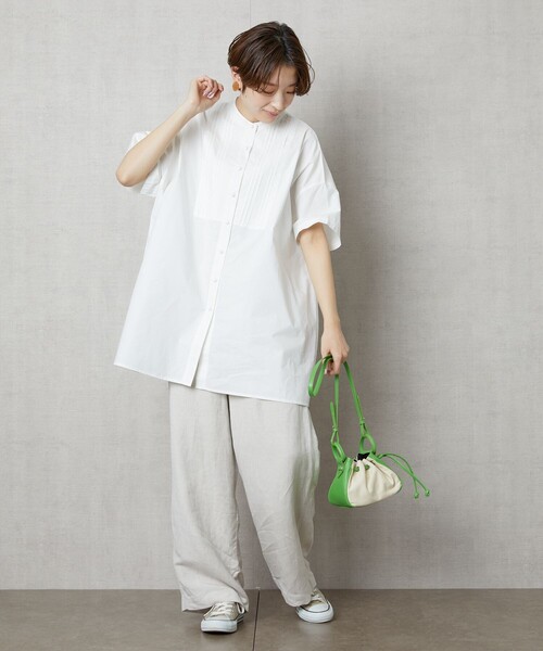 FREAK'S STORE（フリークスストア）の「【WEB限定】ハーフスリーブピンタックシャツ(スタンドカラーシャツ)（シャツ/ブラウス・レディース・ブラック/ベージュ/ホワイト/ライトピンク/サックスブルー・ﾌﾘ-）」の14枚目の写真