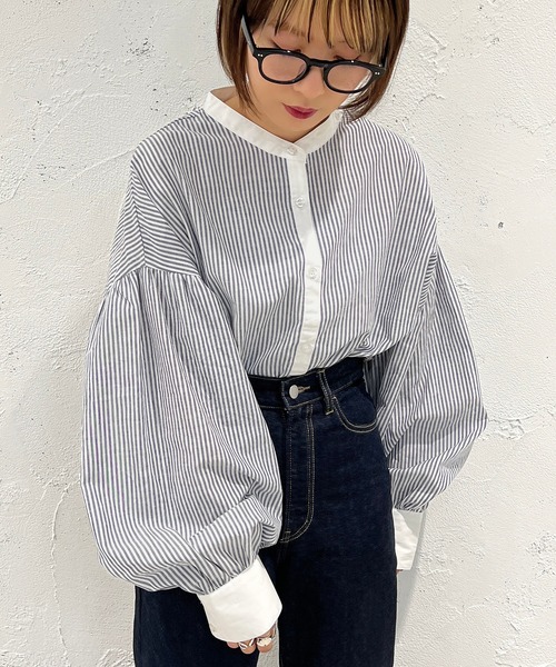 apres jour mignon(アプレジュールミニョン)の「クレリックストライプシャツ【ZOZOTOWN限定アイテム】(シャツ/ブラウス・レディース・サックスブルー/ネイビー/ベージュ・フリー/X-LARGE)」の3枚目の写真