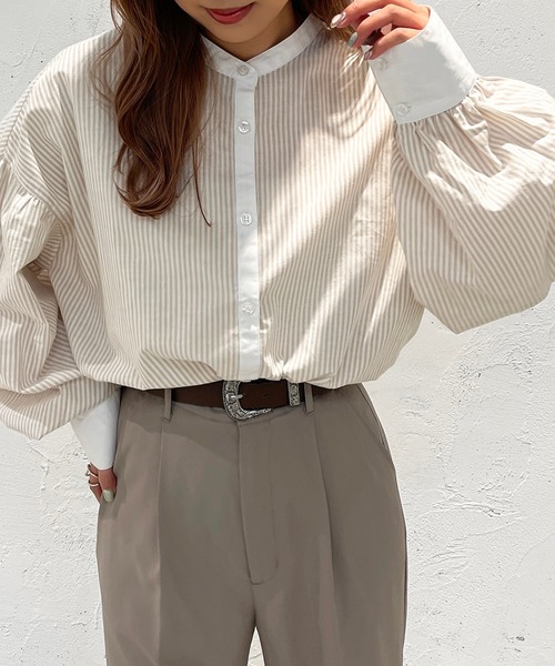 apres jour mignon(アプレジュールミニョン)の「クレリックストライプシャツ【ZOZOTOWN限定アイテム】(シャツ/ブラウス・レディース・サックスブルー/ネイビー/ベージュ・フリー/X-LARGE)」の5枚目の写真